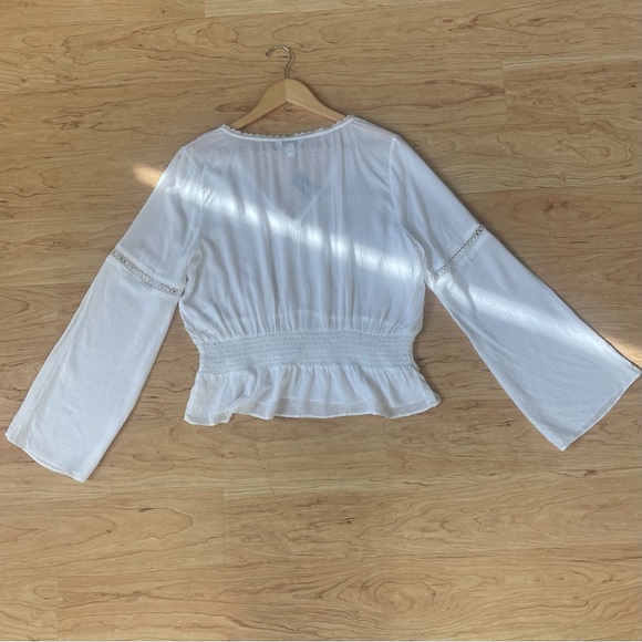 Express Top Women Large White V Neck Flare Long Sleeve Peplum Jacquard Blouse - Picture 6 of 6